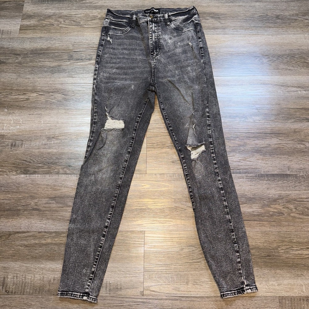 Fashion Nova Black Acid-Wash Distressed Skinny Stretchy Jeans Womens 11 Rip Knee